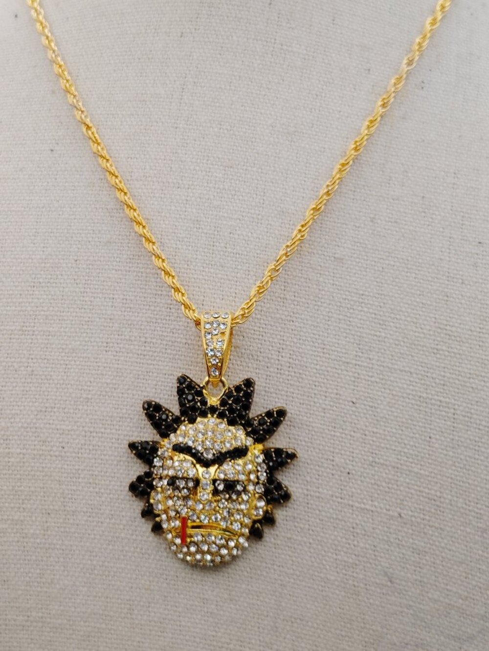 Gold‑Tone “Iced Out” Rick Sanchez Pendant Necklace – 23” Hip‑Hop Fan Jewelry